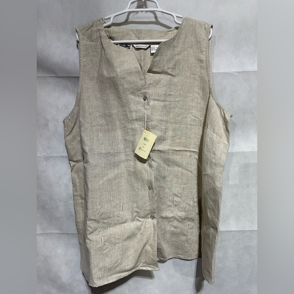 Malcolm & Co. Womens 1X 100% Irish Linen Sleeveless Shirt Button Front Tunic NEW